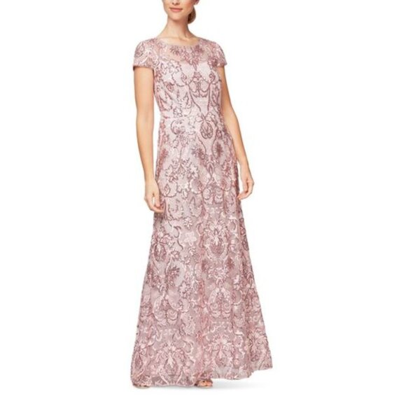 Alex Evenings Sequined Embroidered Pink Maxi Dress Formal Size 10P - Picture 1 of 14